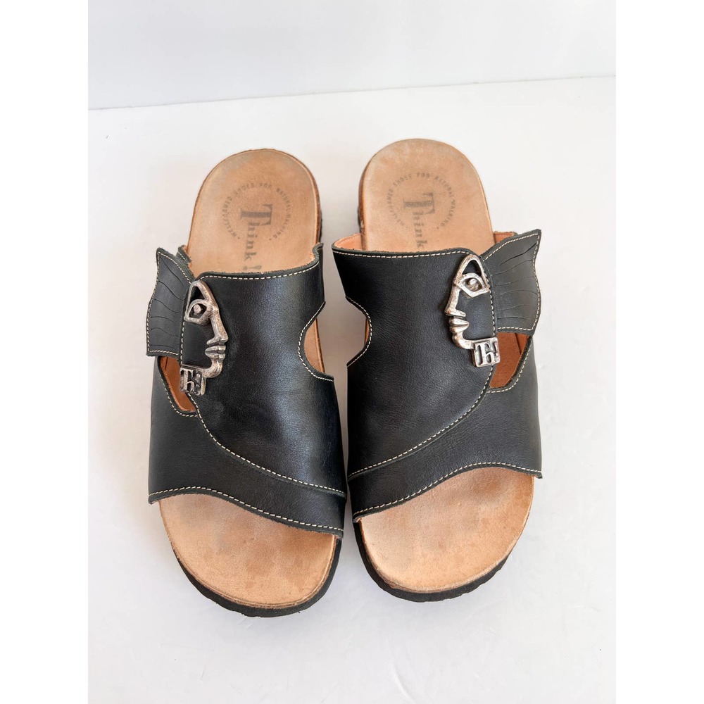 THINK! Women's Black Nappa Leather Cork Wedge Mizzi Slide Sandals size 36/US 5
